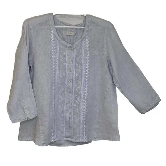 Wrap Top Womens Size US 12 Gray Linen Embroidered Front Button Front 3/4 Sleeve - Picture 1 of 8